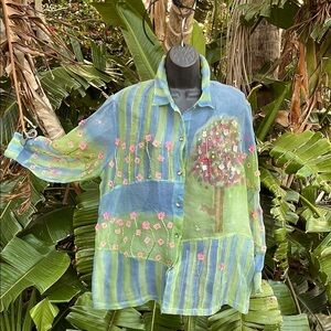 Sandy Starkman 100% silk batik and 3-D floral  sheer blouse or jacket